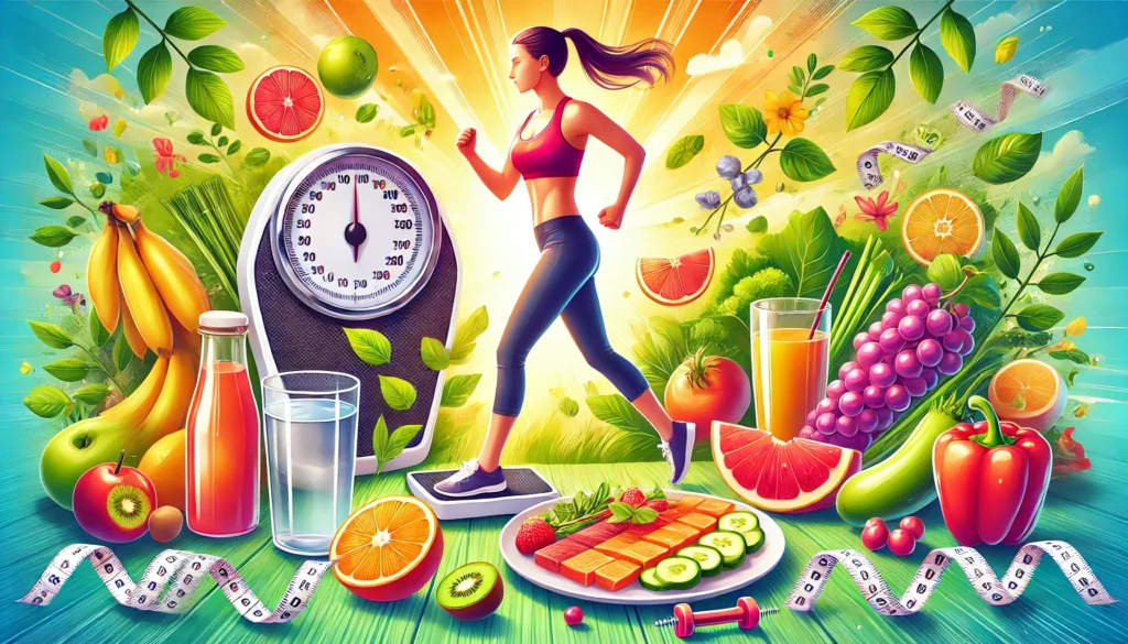 Person jogging outdoors, healthy food plate, weighing scale, and glass of water representing healthy lifestyle for losing belly fat.