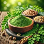 Fresh moringa leaves, powder, and tea showcasing the health benefits of moringa. Health Kendra