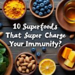 A colorful display of superfoods like turmeric, berries, and almonds to boost immunity naturally