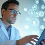 AI-driven clinical decision support system assisting a doctor with telemedicine diagnostics.