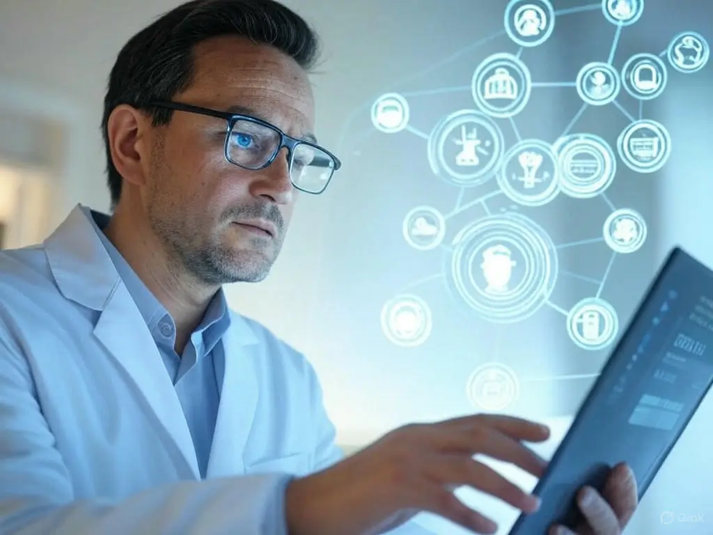 AI-driven clinical decision support system assisting a doctor with telemedicine diagnostics.