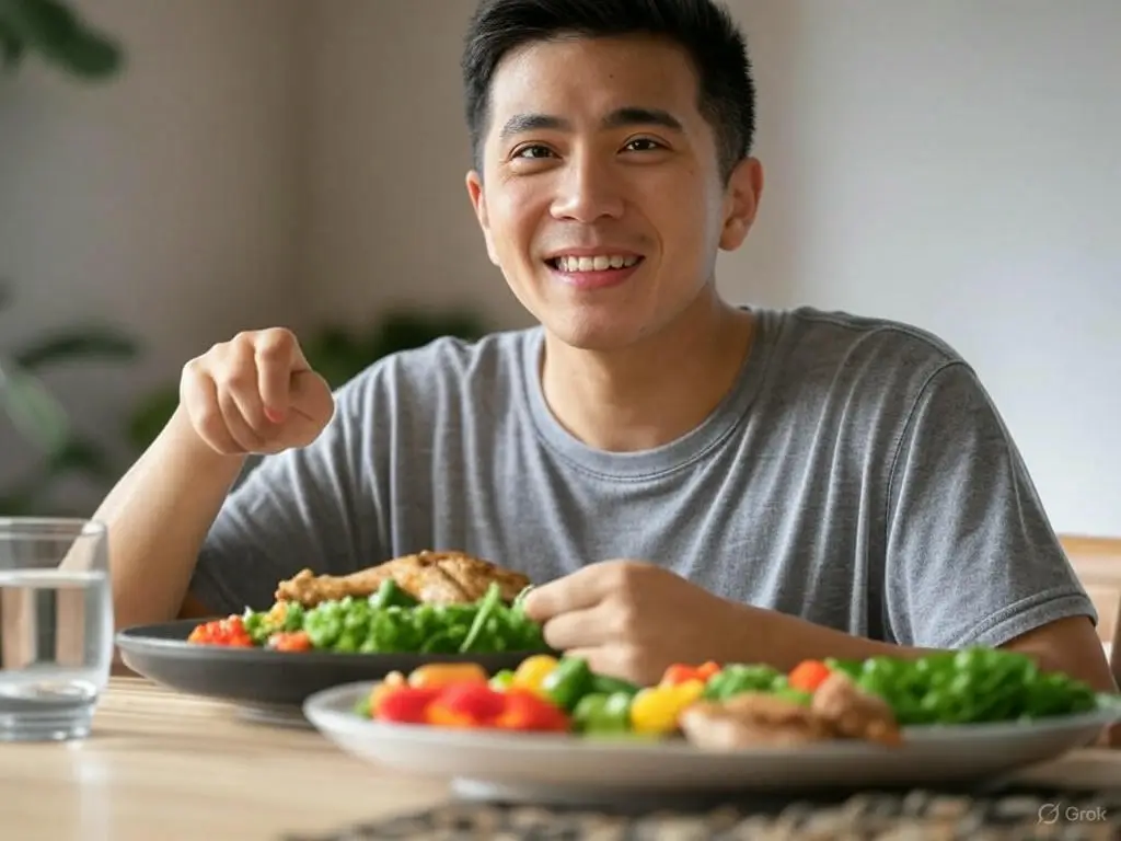 A well-balanced meal promoting healthy eating habits with whole grains, proteins, and fresh vegetables. Health Kendra