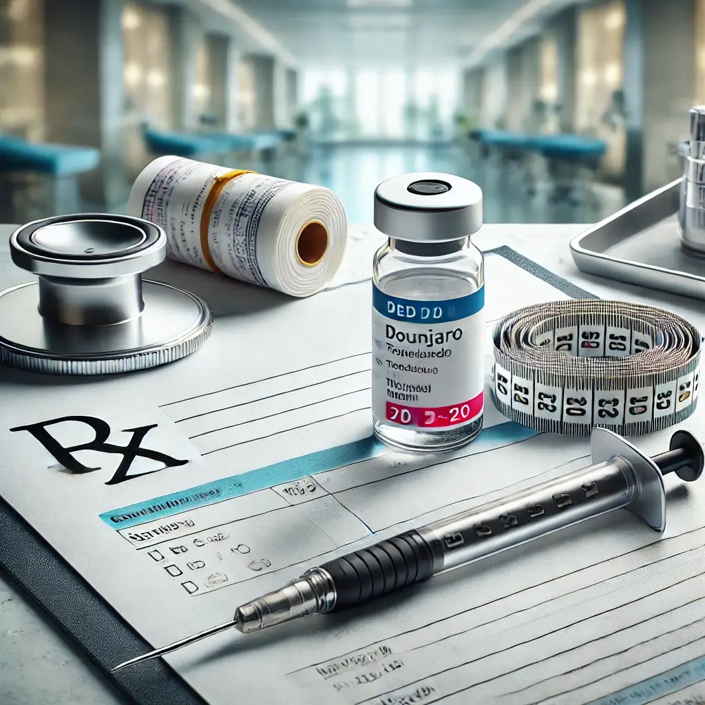 Mounjaro weight loss drug injection pen with a prescription, stethoscope, and measuring tape in a clinical setting, symbolizing diabetes and obesity management in India.