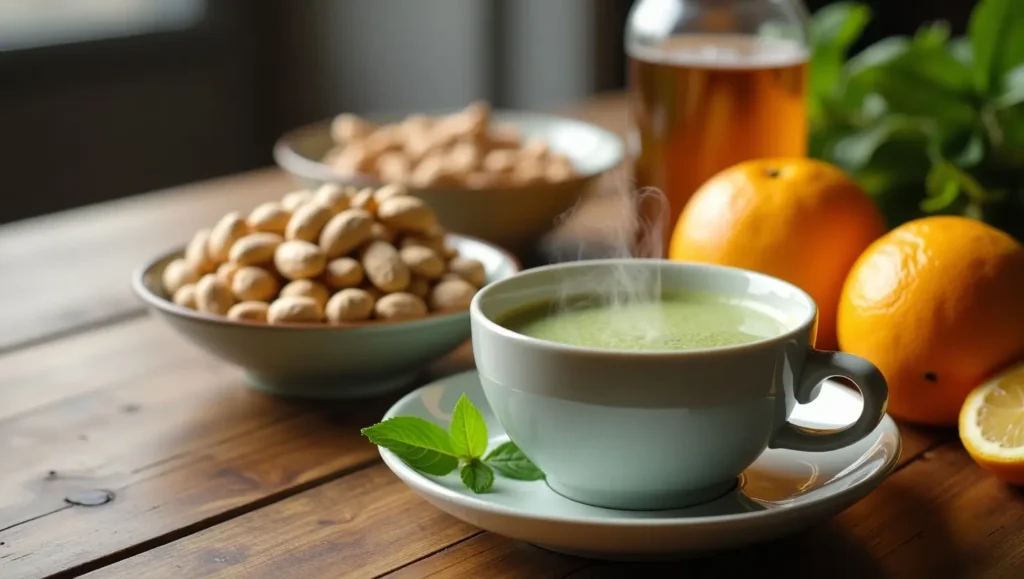 A collection of metabolism-boosting foods including green tea, nuts, and apple cider vinegar. home remedies for increasing metabolism