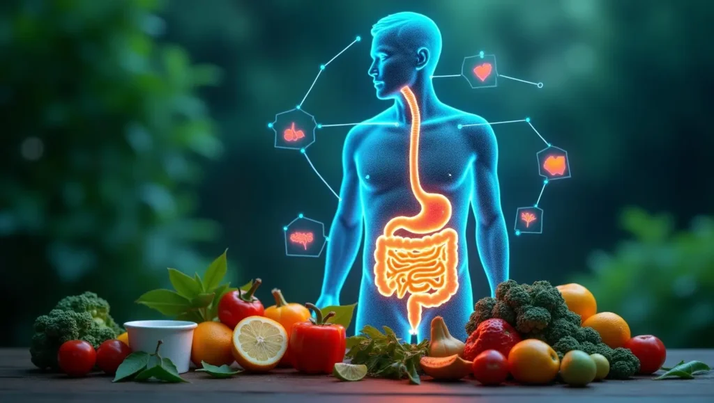 A futuristic visualization of gut health, showing a glowing digestive system surrounded by probiotic foods, fiber-rich fruits, and vegetables, promoting gut health naturally