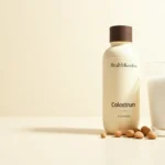 Colostrum supplement bottle with a glass of milk, representing natural immune-boosting benefits for adults