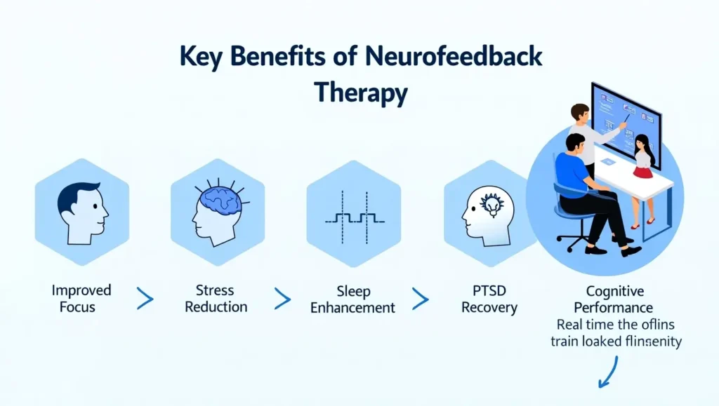 Neurofeedback therapy benefits – A visual guide to cognitive enhancement, stress relief, and mental clarity.