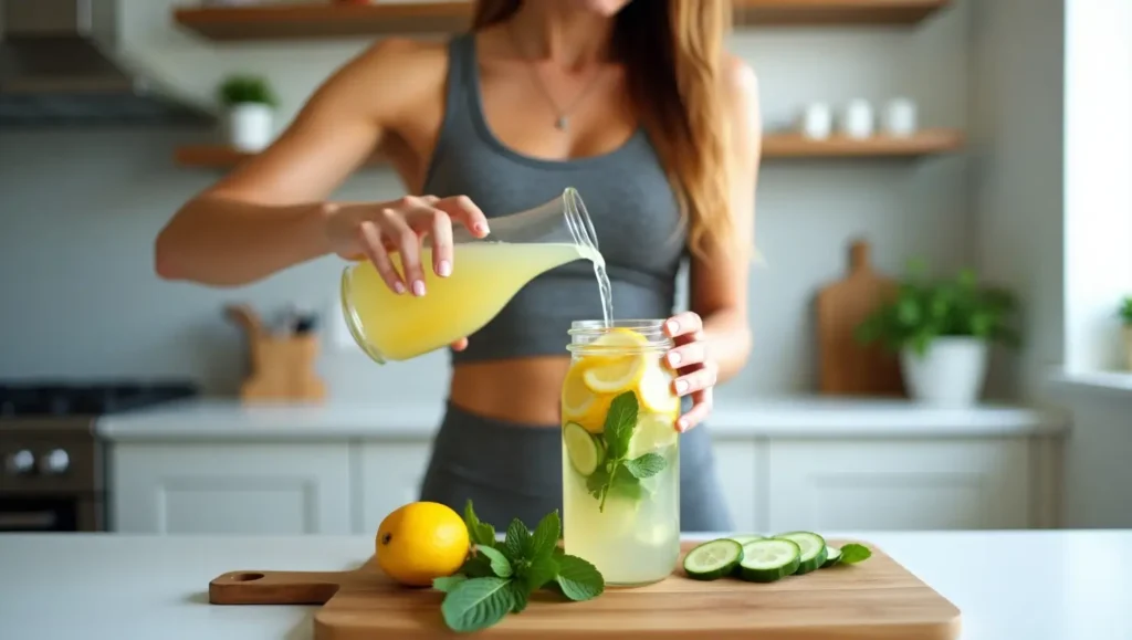 Woman preparing the best drink to reduce belly fat in 7 days in a modern kitchen