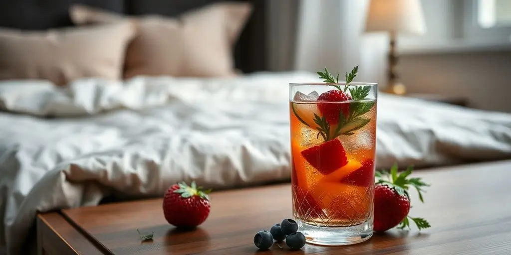 A glass of detox drink as the best drink to lose belly fat overnight placed on a kitchen counter with HealthKendra.com branding.