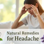 Woman Using Natural Remedies for Headache at Home Woman with headache trying natural remedies like tea, lavender, and peppermint oil