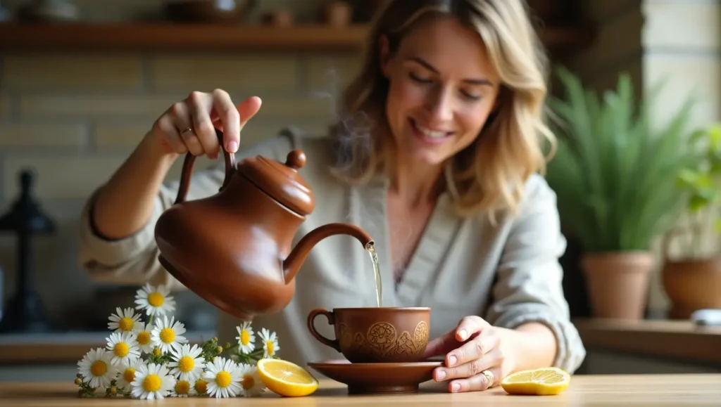 Pouring chamomile tea as one of the natural remedies for headache