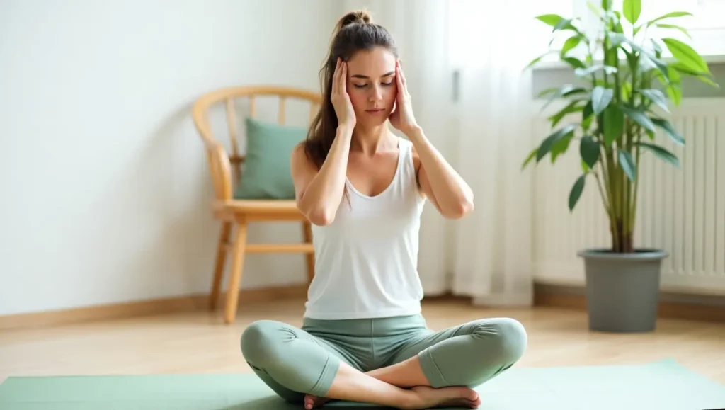 Woman doing yoga poses for stress relief with headache