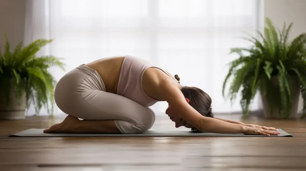 Woman in Child’s Pose doing yoga poses for stress relief