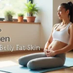 Woman with loose belly fat skin sitting on mat – how to tighten loose belly fat skin
