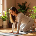 Beginner yoga pose Child’s Pose for stress relief in a calming home setting.