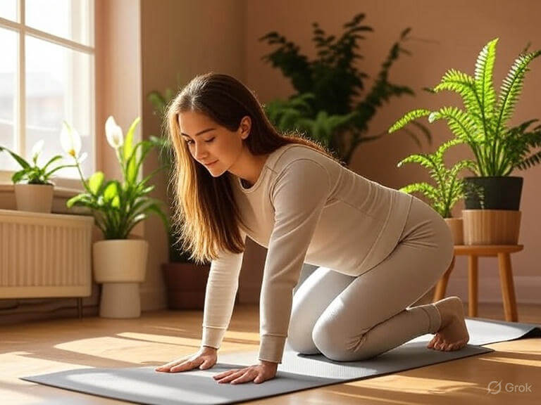 Beginner yoga pose Child’s Pose for stress relief in a calming home setting.