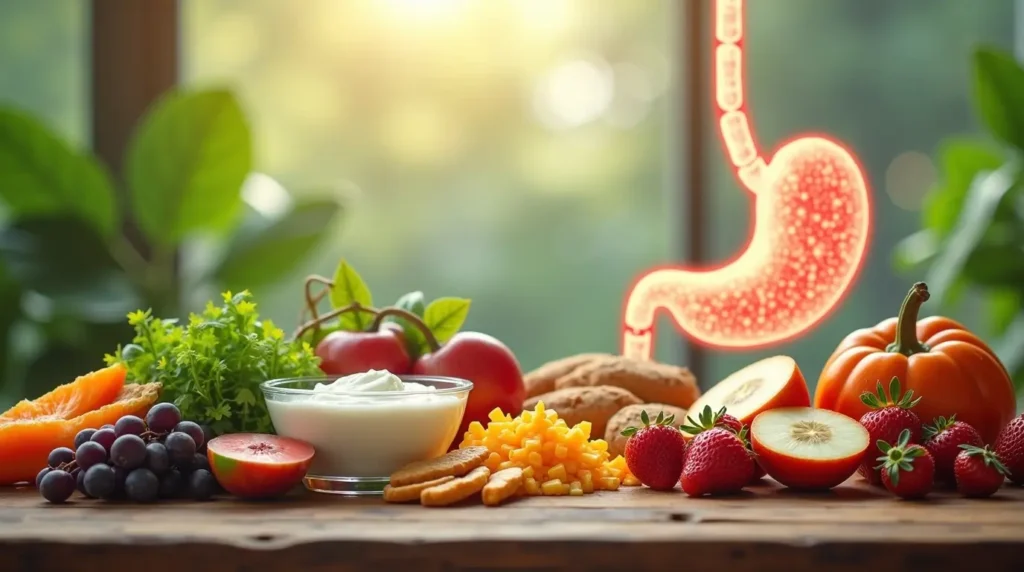 Gut health 2025 foods including yogurt, kimchi, sauerkraut, fruits, and leafy greens to boost microbiome and immunity naturally in 2025.